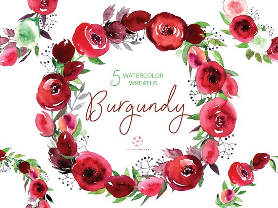 570x427 Watercolor Burgundy Wreath Clipart Watercolour Bordo Roses Etsy