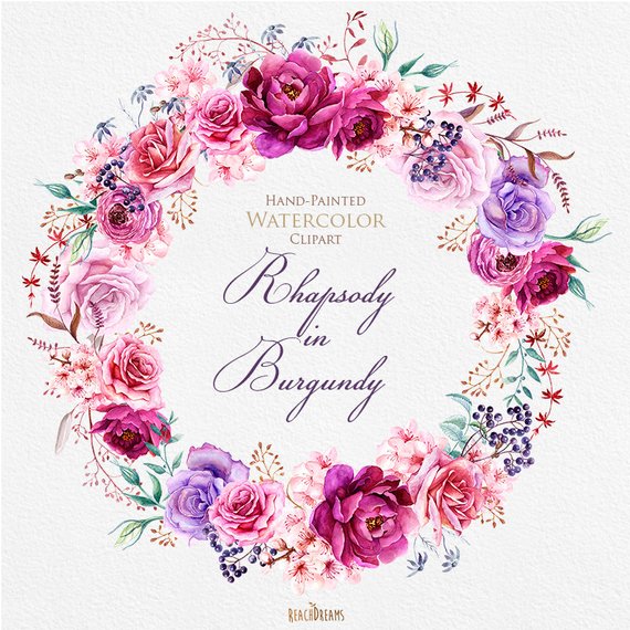570x570 Watercolor Burgundy Wreath Amp Bouquets With Floral Elements Etsy