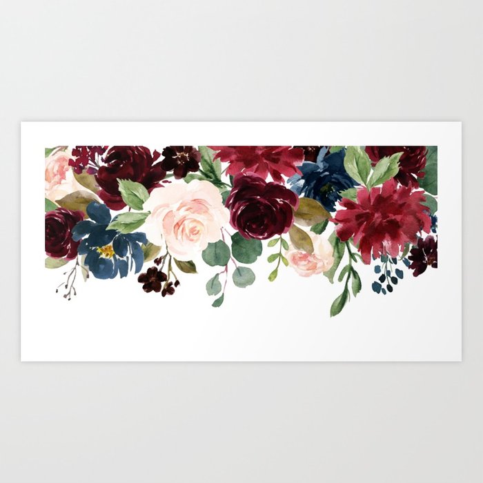 700x700 Burgundy Blue Watercolor Flowers Border Art Print By Junkydotcom