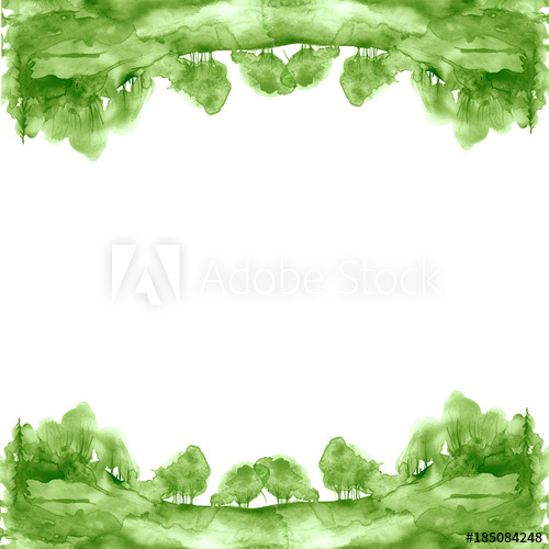 500x500 Watercolor Forest, Green Silhouette Of Trees, Bushes., Field