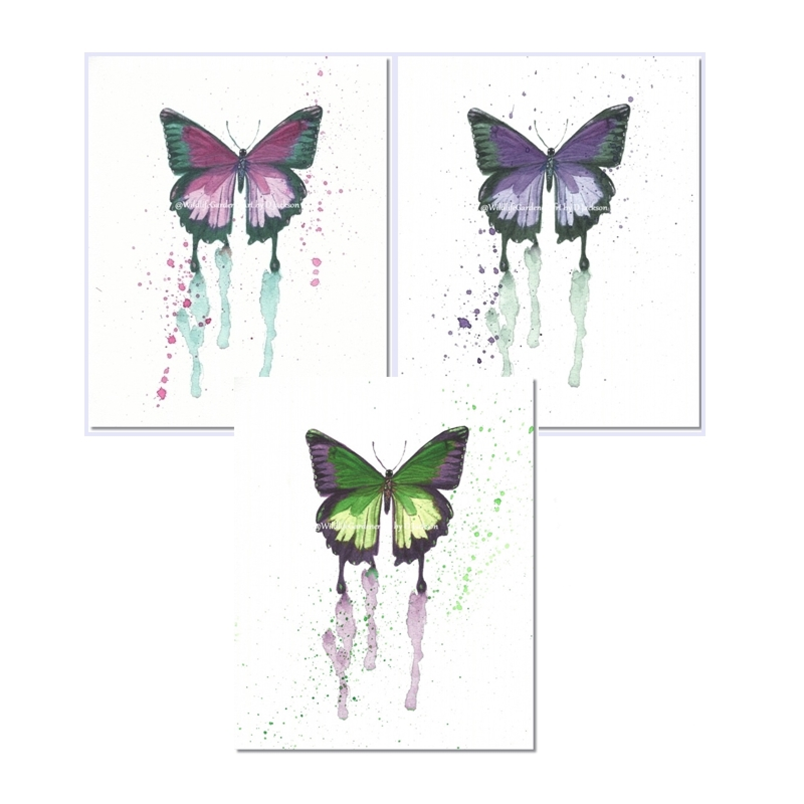 1600x1600 Butterfly Watercolor Art Prints Pink, Purple, Green (Set Of 3