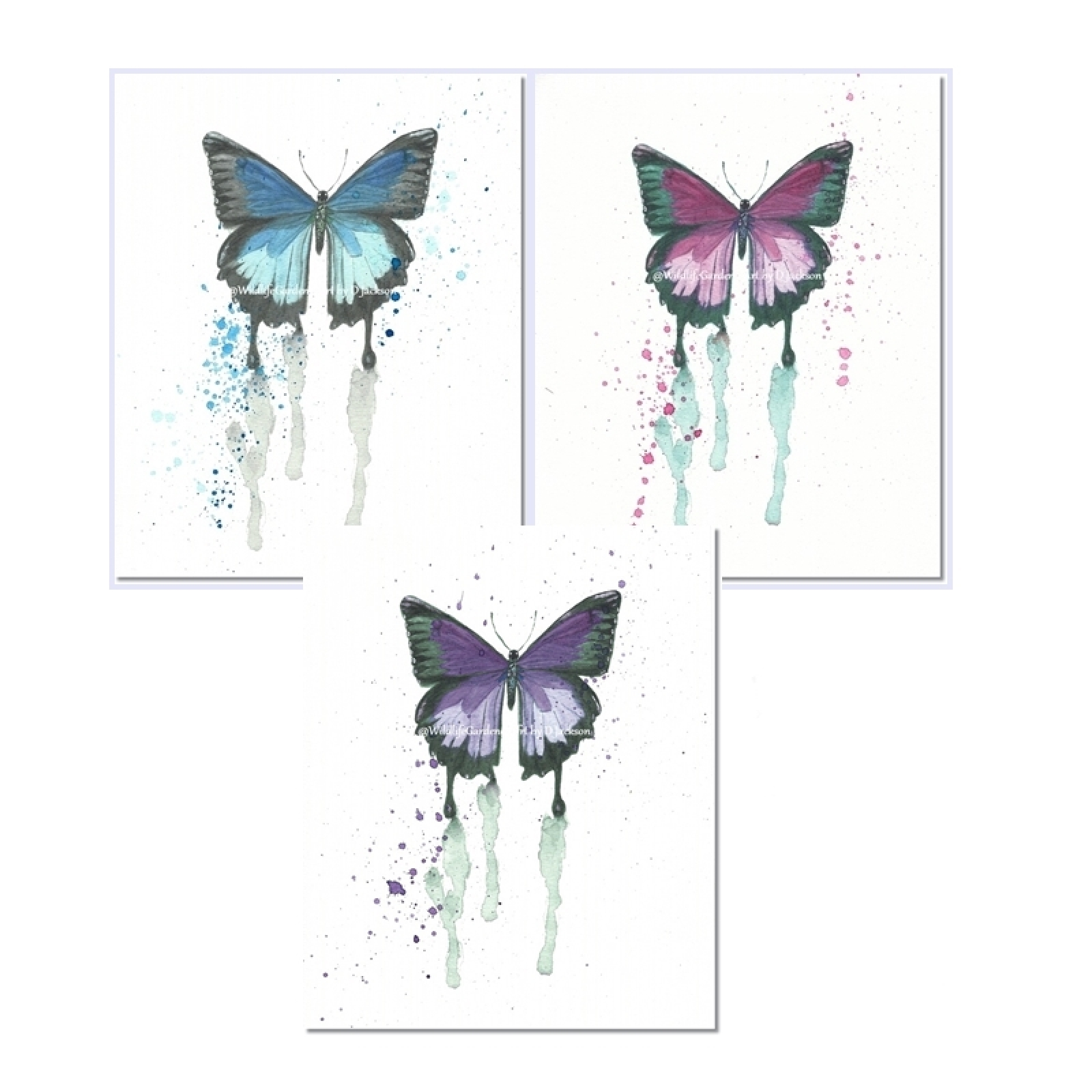 1600x1600 Butterfly Watercolor Art Prints Blue, Pink, Purple (Set Of 3