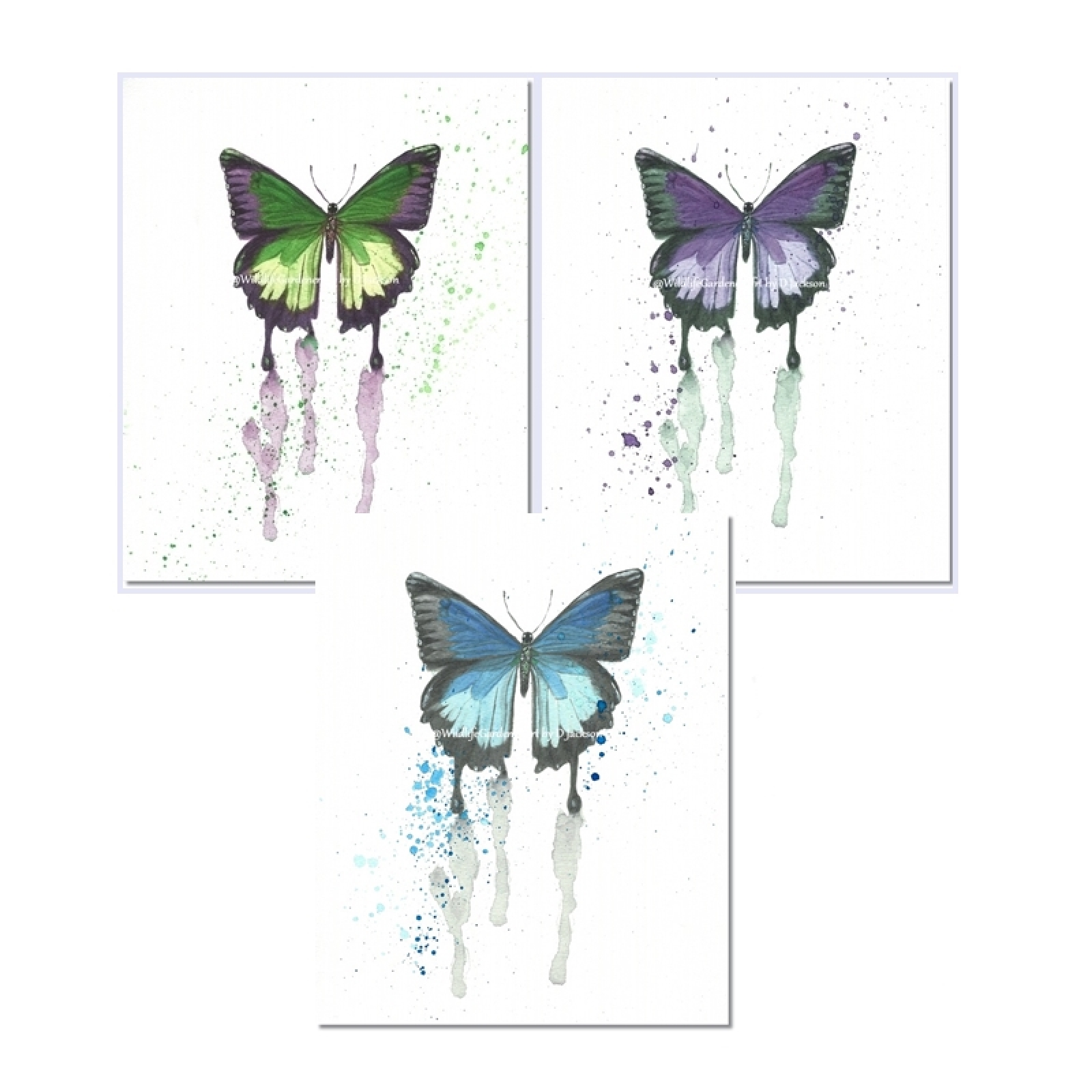 1600x1600 Butterfly Watercolor Art Prints Blue, Purple, Green (Set Of 3