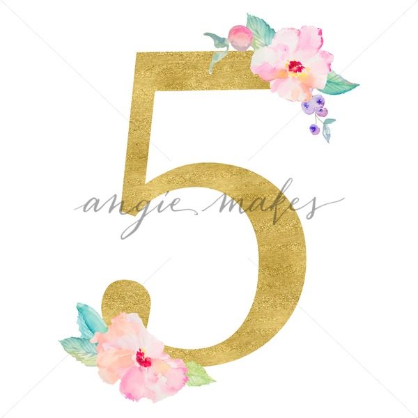 600x600 Gold Number 5 With Watercolor Flowers