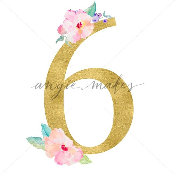600x600 Gold Number 6 With Watercolor Flowers