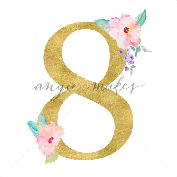 600x600 Gold Number 8 With Watercolor Flowers