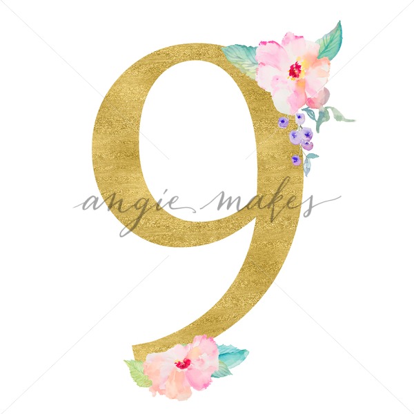 600x600 Gold Number 9 With Watercolor Flowers