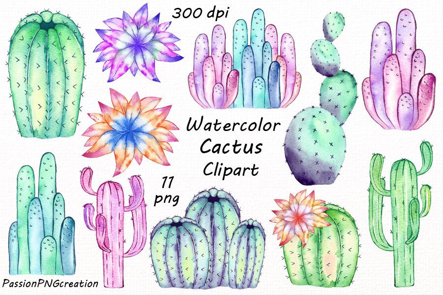 900x599 Watercolor Cactus Clipart Hand Painted Succulents Digital Etsy