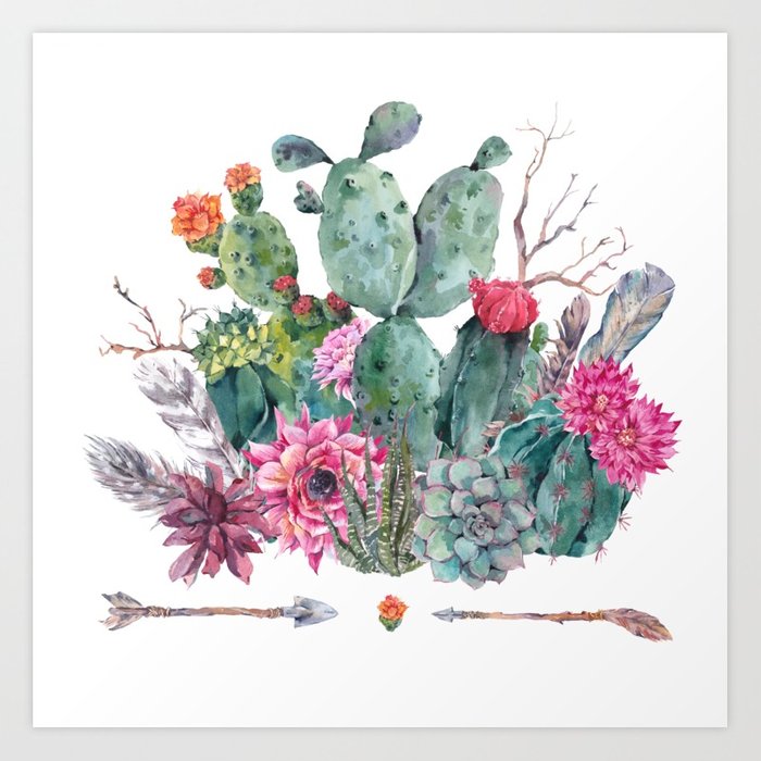 700x700 Watercolor Cactus, Succulent, Flowers, Twigs, Feathers Art Print
