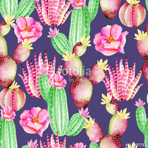 500x500 Seamless Pattern With Succulents. Watercolor Cactus, Flowers