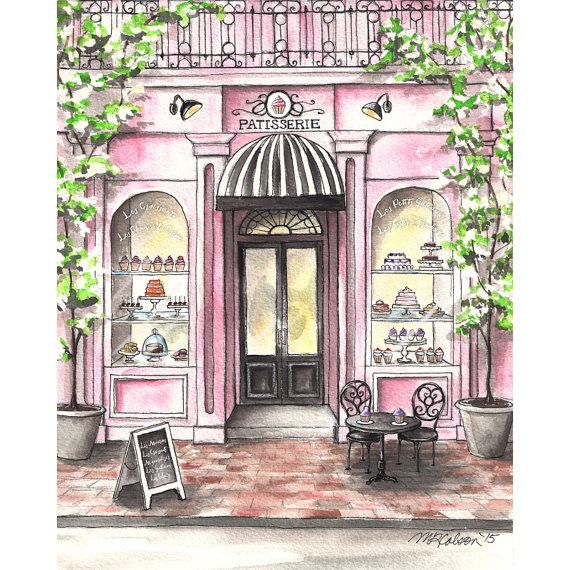 570x570 French Patisserie Watercolor Print, French Bakery, Paris Cafe, 5x7