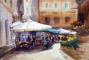 375x255 Morning Venice Cafe Watercolor On Paper Painting By Samiran Sarkar