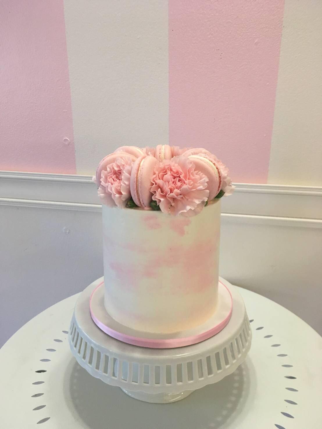1108x1477 Pink Watercolor Cake With Carnations And Macarons Cakedecorating
