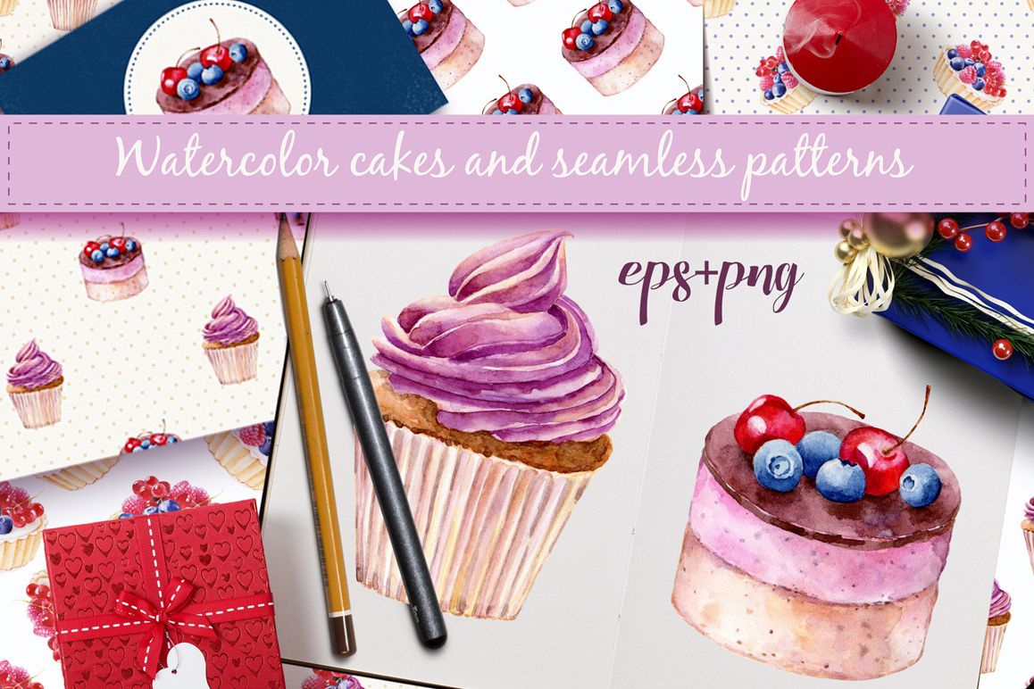 1158x772 Watercolor Cakes. Vector Set