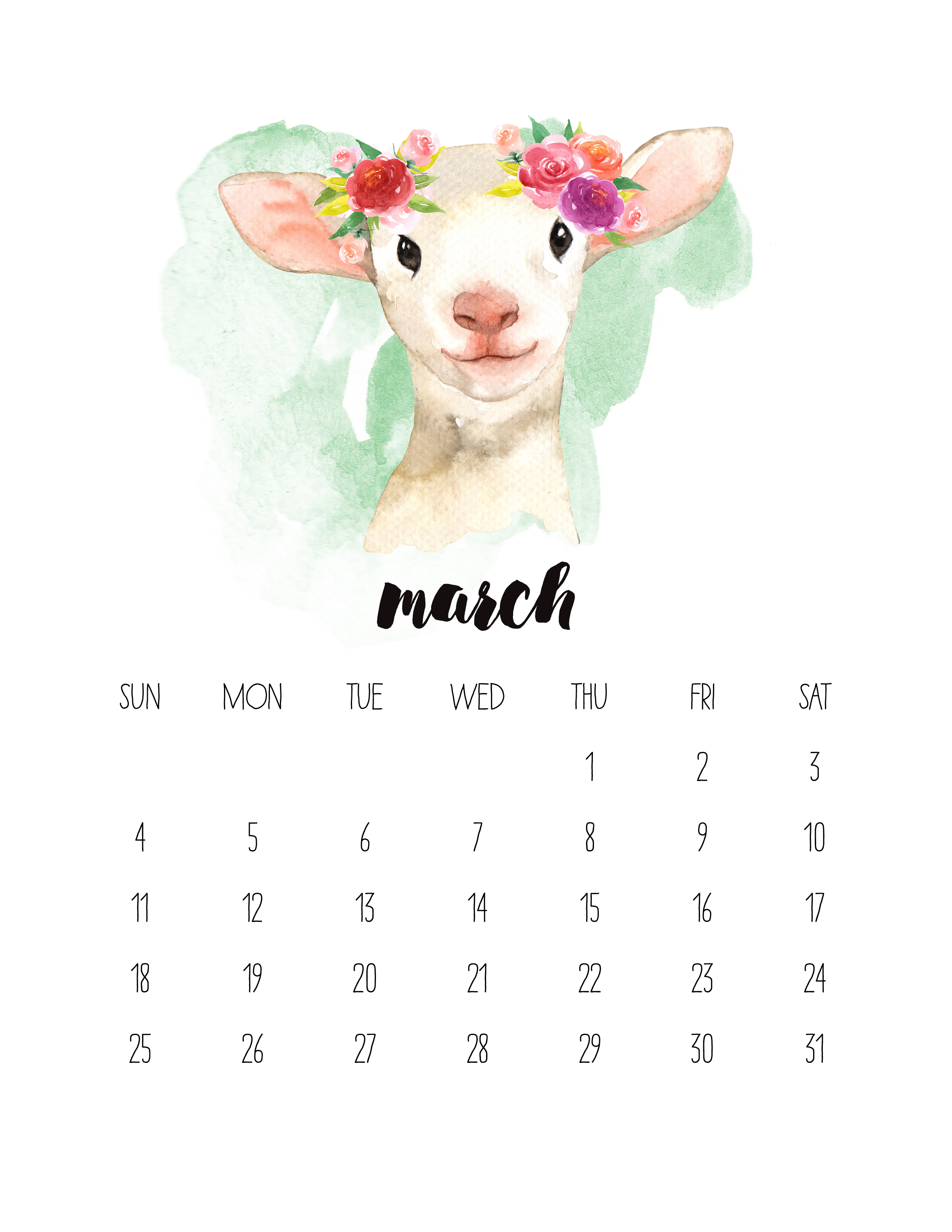 2550x3300 Free Printable 2018 Watercolor Animal Calendar The Cottage Market