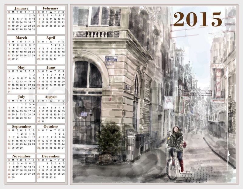 800x623 Calendar 2015 With Illustration Of City Street. Watercolor Style