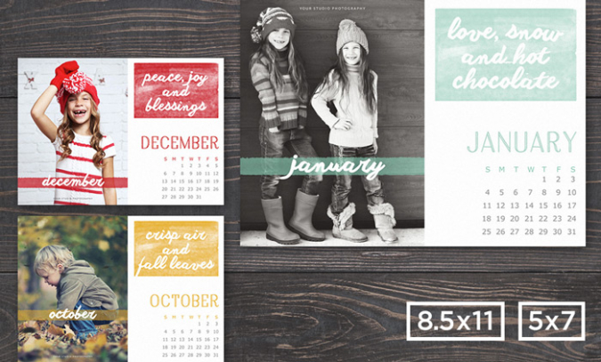 675x407 2015 Photographer Calendar Template 8.5x11and 5x7 Minimal Watercolor