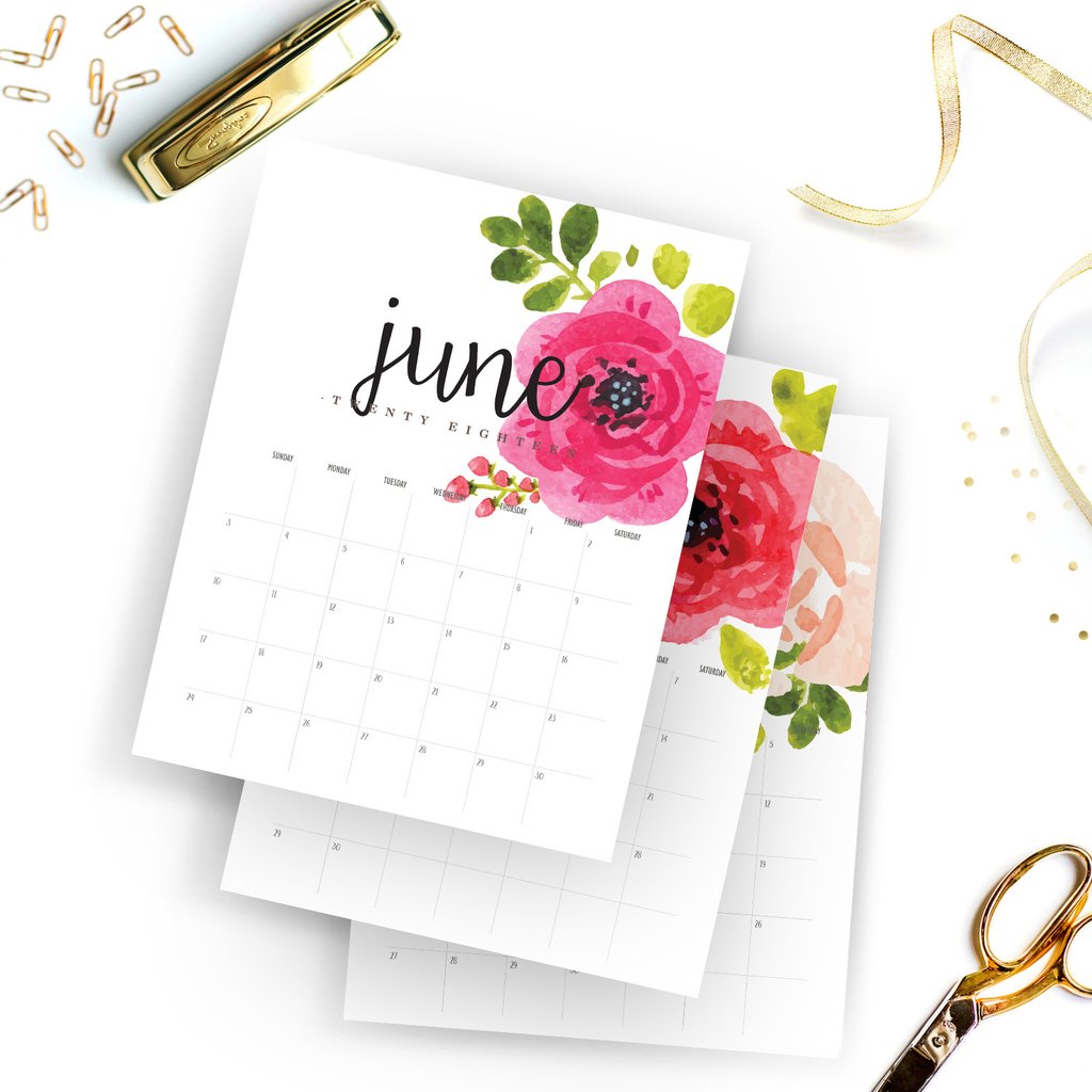 1024x1024 Printable 2018 Watercolor Floral Calendar Planner Watercolor