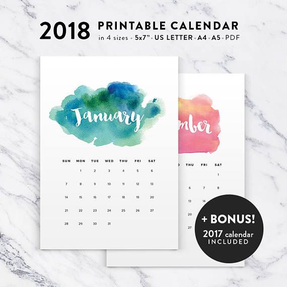 570x570 Printable Calendar 2018, Watercolor Calendar Planner 2018 Pdf, A4