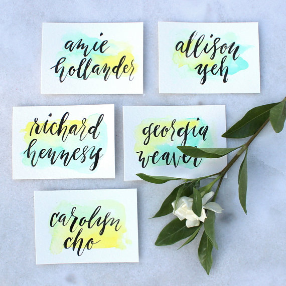 570x571 Colorful Place Cards, Two Color Wash Place Cards, Hand Lettered