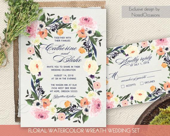 570x456 Watercolor Floral Wreath Wedding Invitation Printable Wedding