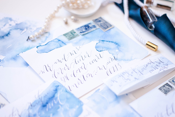 600x400 Blue Watercolor Calligraphy Wedding Invitations