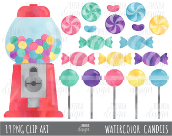 350x277 80% Sale Candy Clipart, Bubble Gum Clipart, Watercolor Candies Tpt