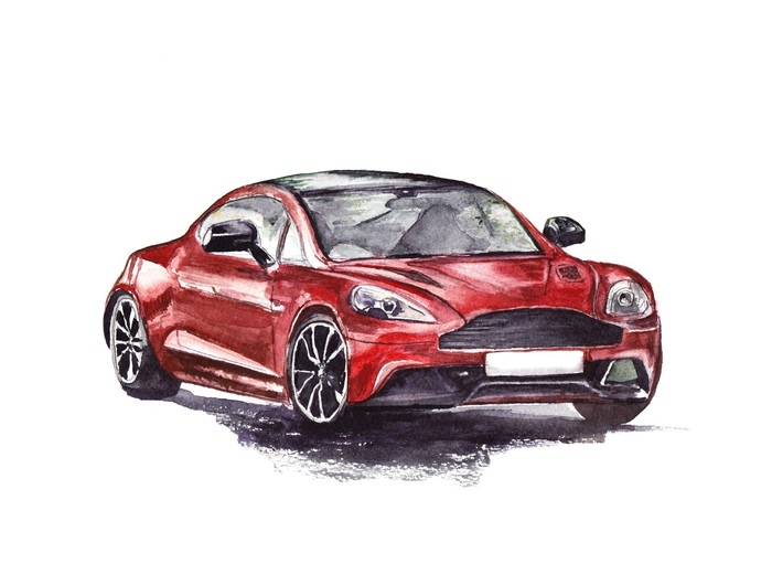 700x530 Red Sport Car. Original Hand Drawn Watercolor Painting. Wall Mural