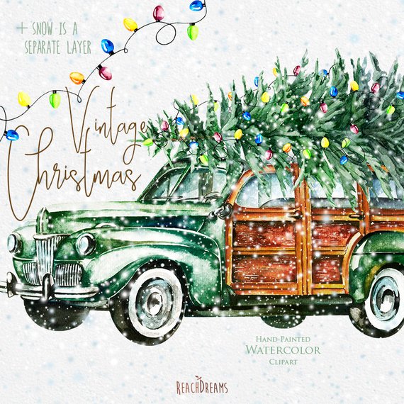 570x570 Watercolor Christmas Vintage Car Retro Auto Hand Painted Etsy