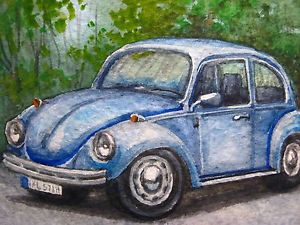 300x225 Watercolor Painting Vw Volkswagen Beetle Retro Car Nature Aceo Art