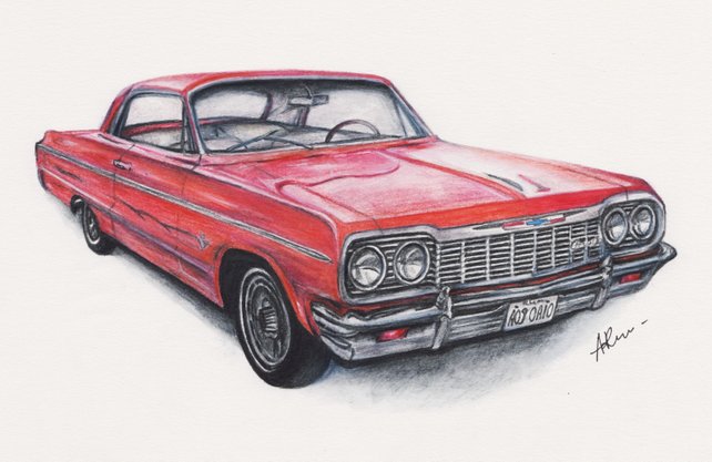 642x417 Custom Classic Car Painting Drawing. Watercolor Pencils Etsy