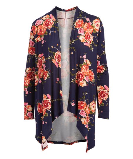 452x543 Cool Melon Dark Navy With Watercolor Coral Roses Open Cardigan