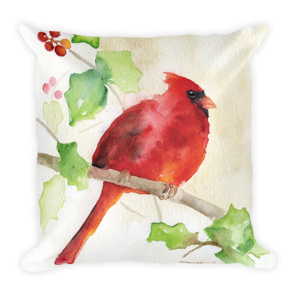 1000x1000 Red Cardinal And Holly Watercolor Square Pillow Susan Windsor