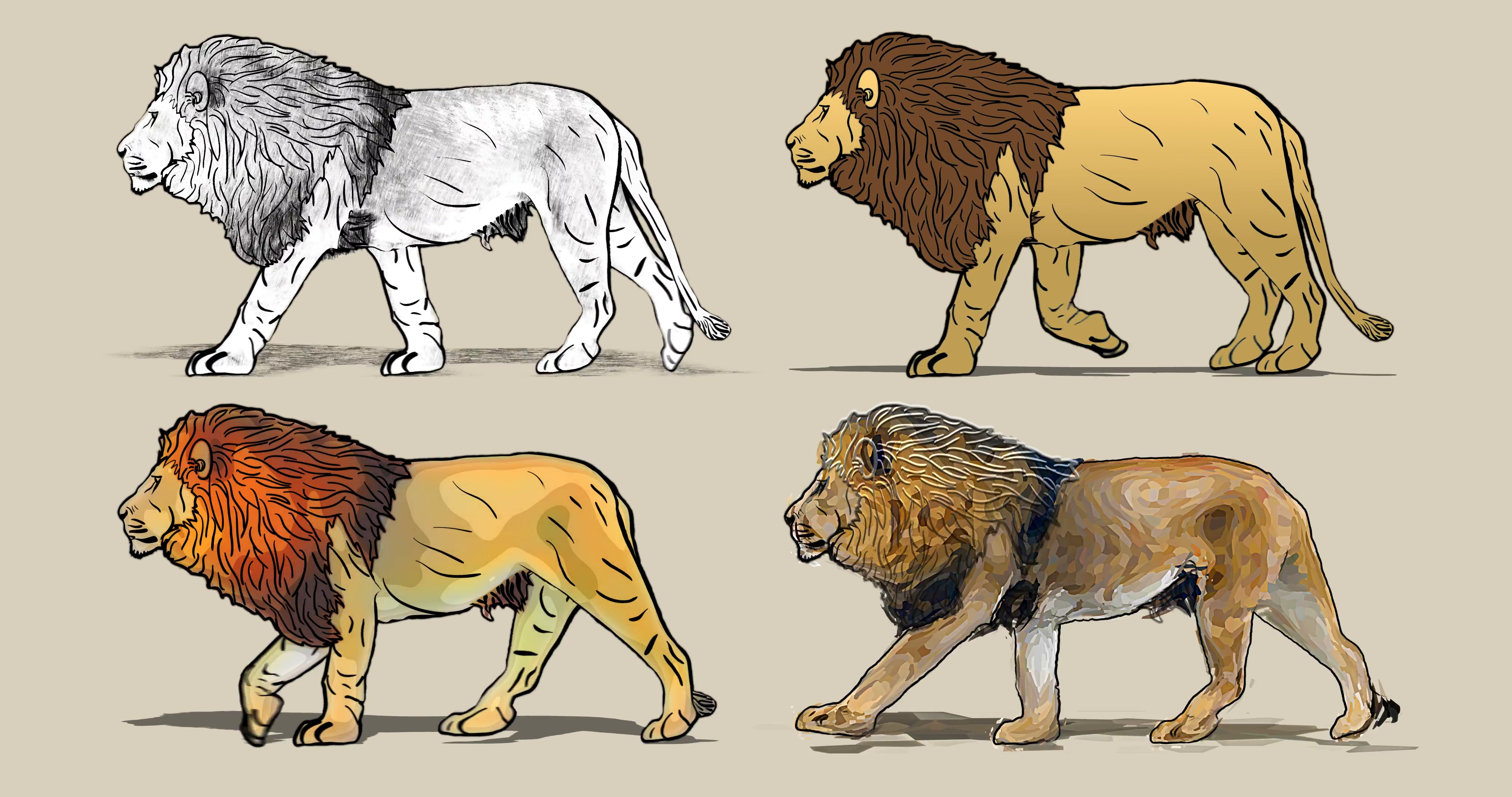 4096x2160 Cartoon Lion Walking. Four Different Drawing Style Pencil