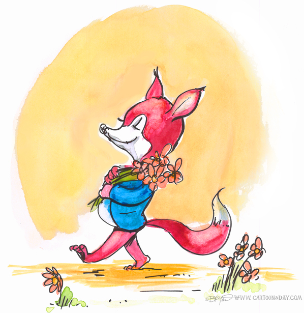 598x615 Fox With Flowers Watercolor Cartoon Cartoon