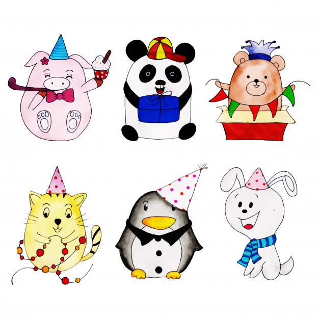 626x626 Watercolor Happy Birthday Cute Cartoons Collection Vector Free