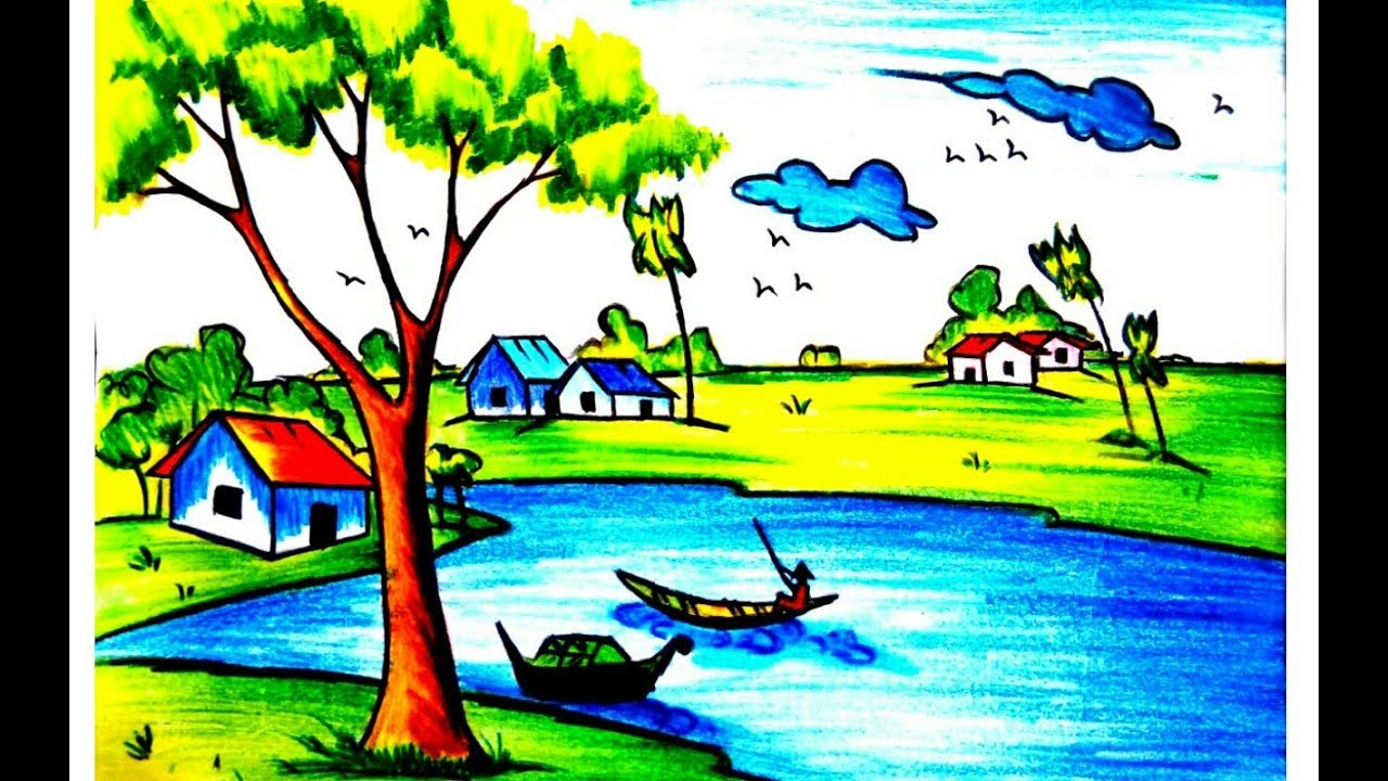 1280x720 Cartoon Pencil Nature Painting How To Draw A Village Scenery With