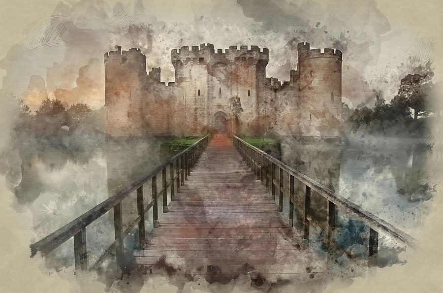 900x595 Watercolour Painting Of Medieval Castle And Moat In Morning Ligh