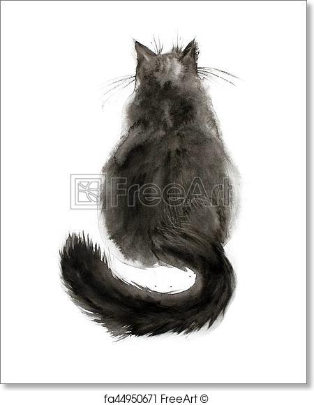 450x580 Free Art Print Of Watercolor Black Cat. Watercolor Painting Of