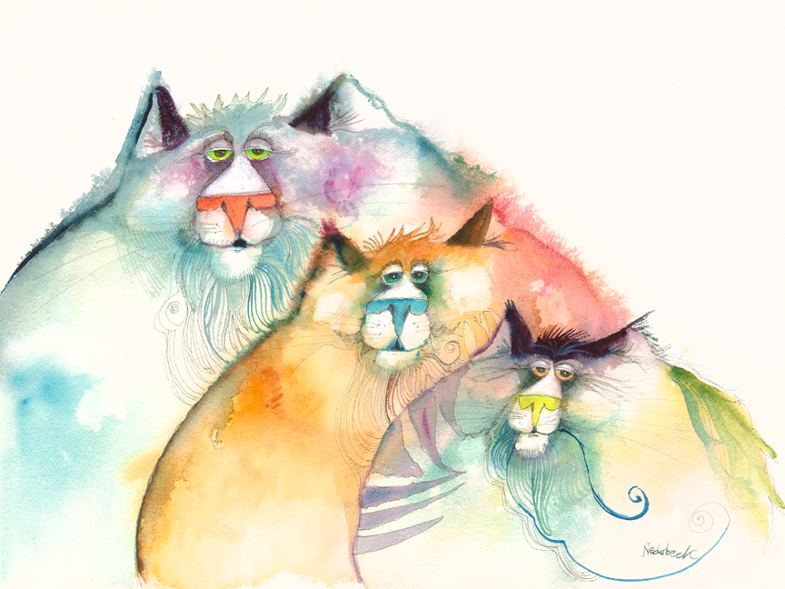 864x648 Three Watercolor Cats Nedobeck