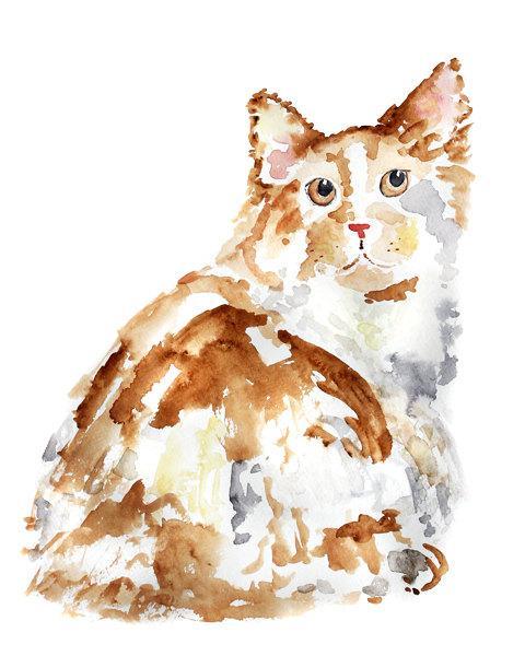 480x600 Cute Cat Watercolor, Cat Art Print, By Lighthearteddreamer On Zibbet