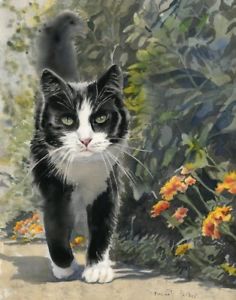 236x300 Original Tuxedo Cat Painting Watercolor Art 11x14 Black White Long