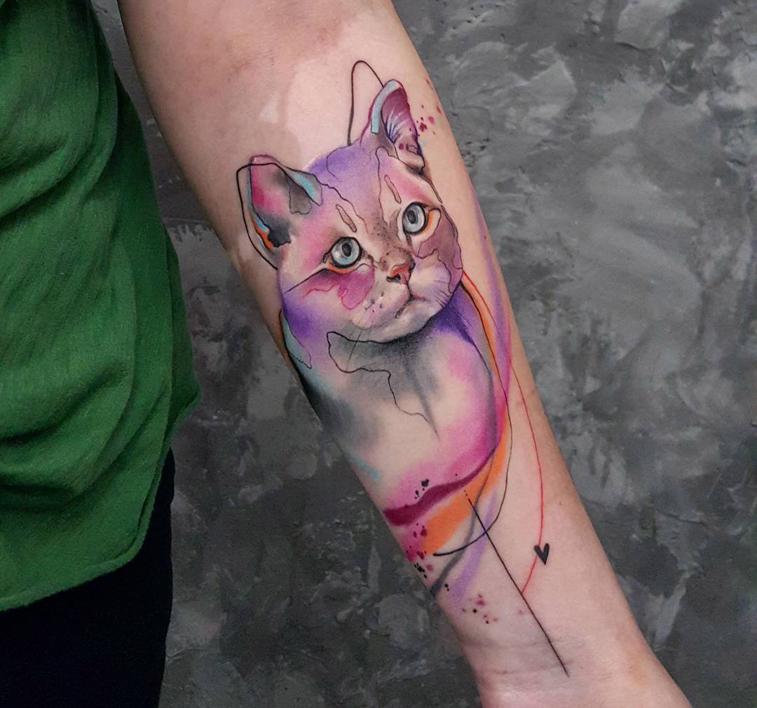 1080x1011 Cat Portrait Arm Tattoo, Pink Watercolor Best Tattoo Design Ideas