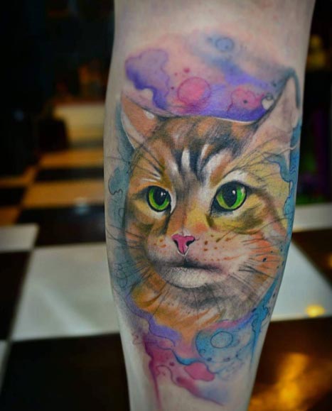 467x579 Green Eyed Watercolor Cat Tattoo
