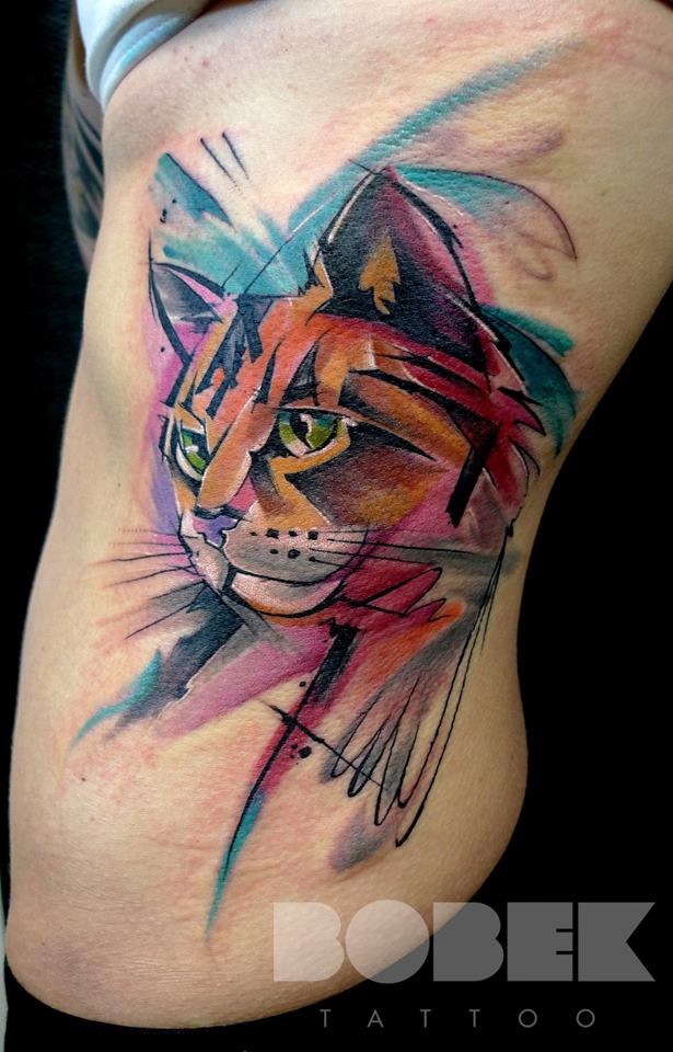615x960 Watercolor Cat Head Tattoo On Left Side Rib