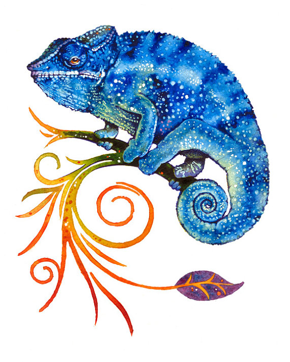 570x713 Blue Chameleon Watercolor Illustrations Art Print Poster Handmade