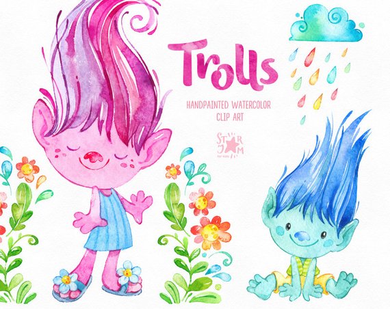 570x452 Trolls. Watercolor Clip Art Cute Characters Poppy Dolls Etsy