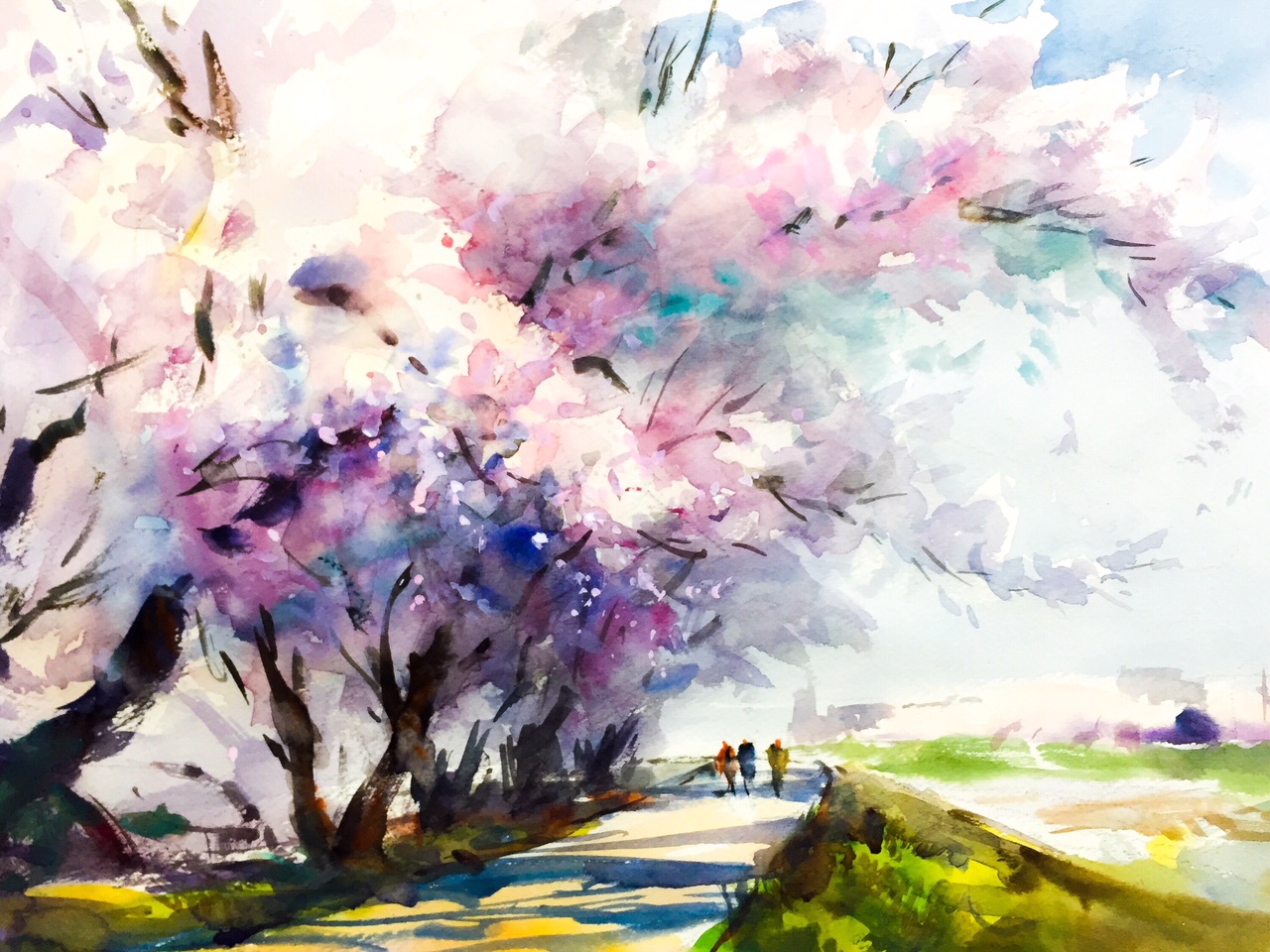 1280x960 Cherry Blossom Landscape Watercolor Painting Process And