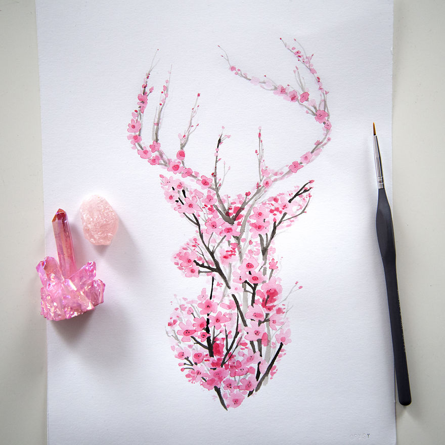 880x880 I Watercolor Cherry Blossom Animals Bored Panda