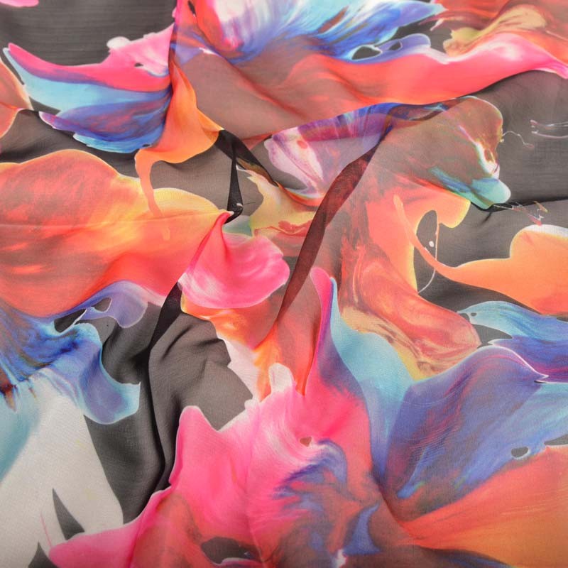 800x800 Floral Watercolour Digital Print Chiffon Fabric Black Multi 145cm